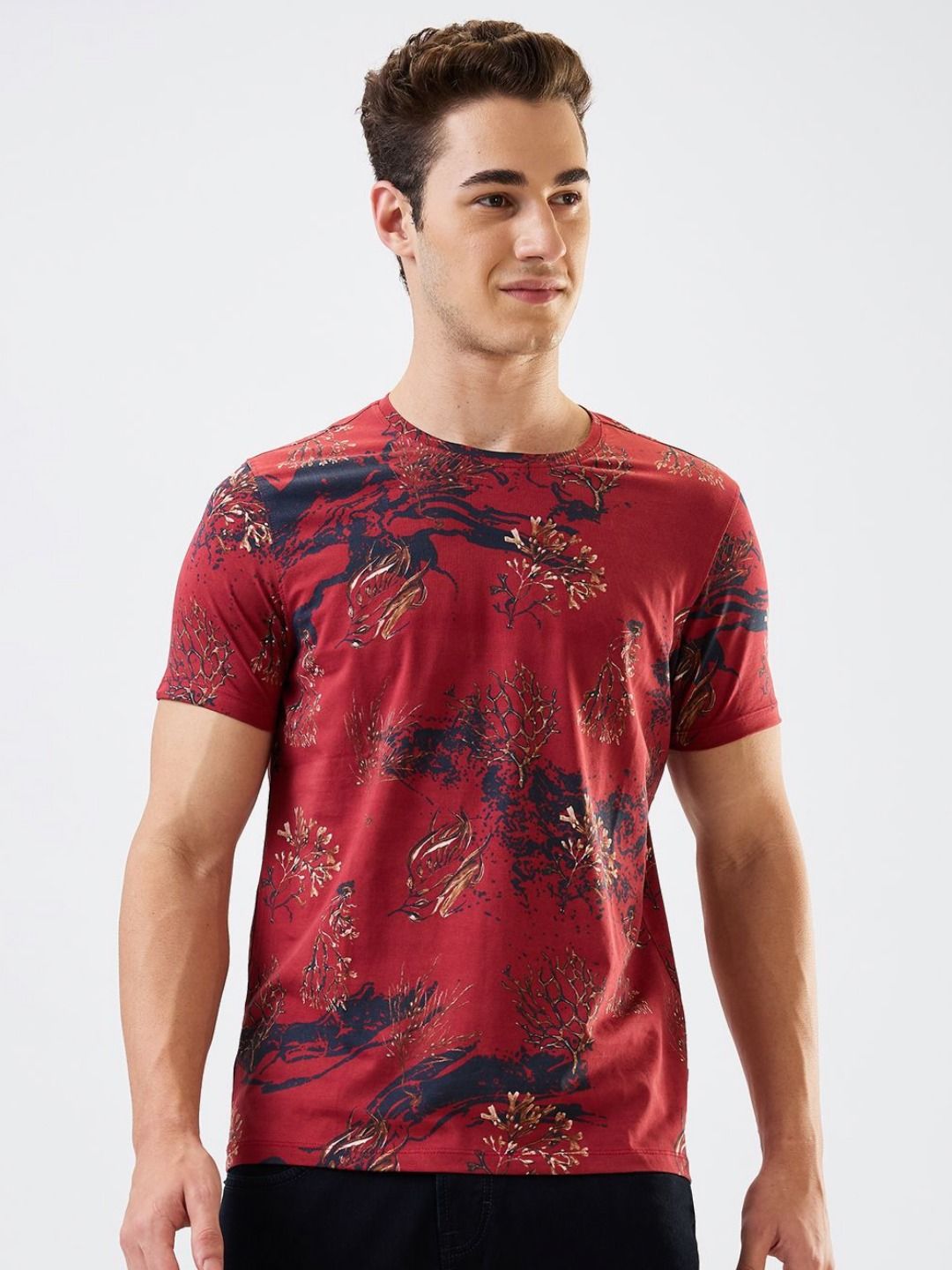 SPYKAR Men Abstract Printed Round Neck Cotton Slim Fit T-shirt-picture-16