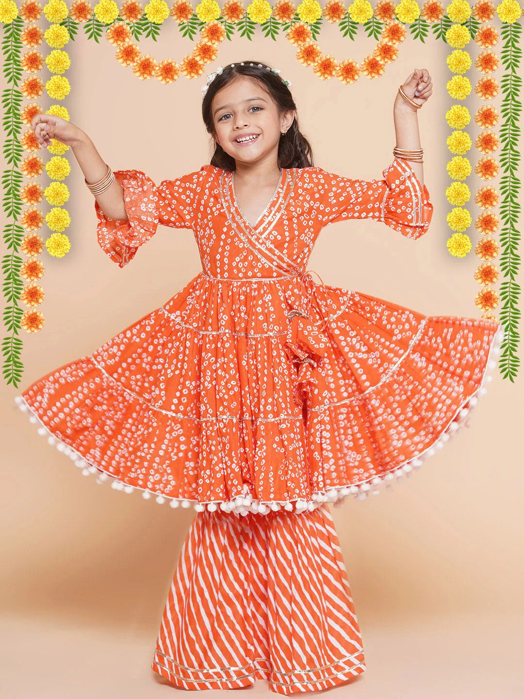 Little Zing Girls Bandhani Printed Pure Cotton Kurta & Sharara Set-picture-20