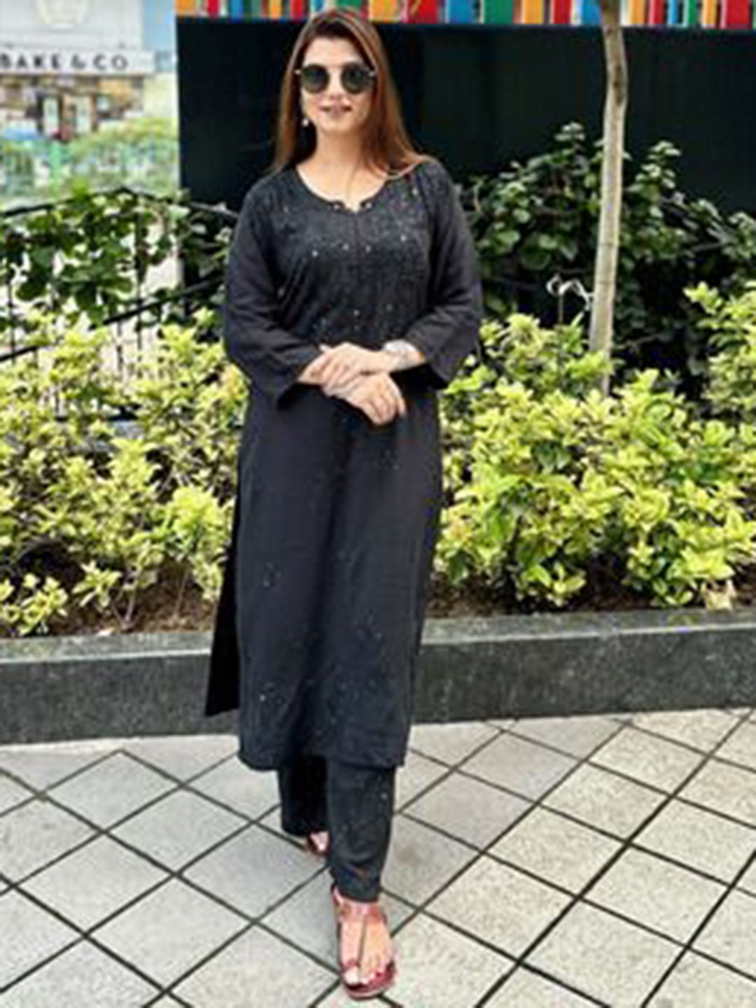 KHAKA Floral Embroidered Notch-Neck Chikankari Kurta With Palazzos