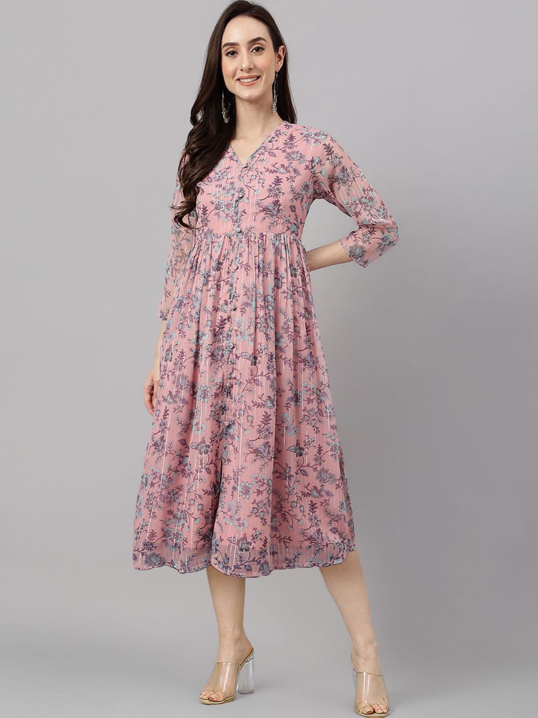 Janasya Women's Pink Chiffon Lurex Floral Printed Flared Dress-picture-23