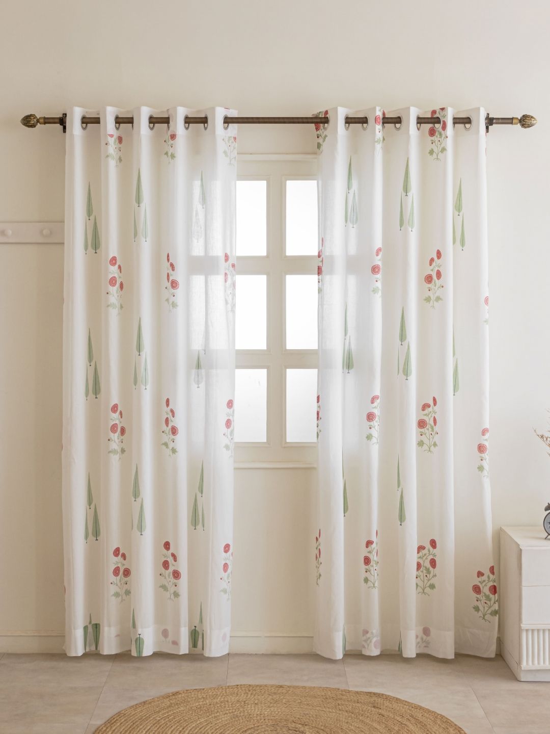 Clasiko White & Pink Set of 2 Floral Sheer Long Door Curtain-picture-3