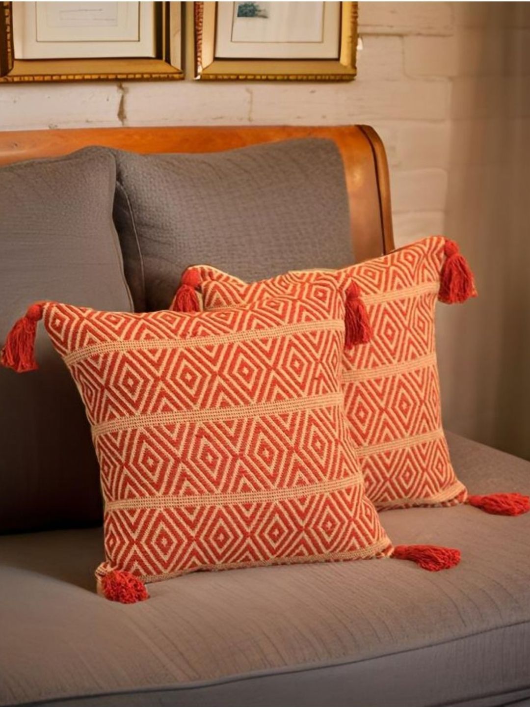 Aura Orange And Beige 2 Pieces Geometric Woven Design Square Shaped Cotton Cushion Covers-image-35