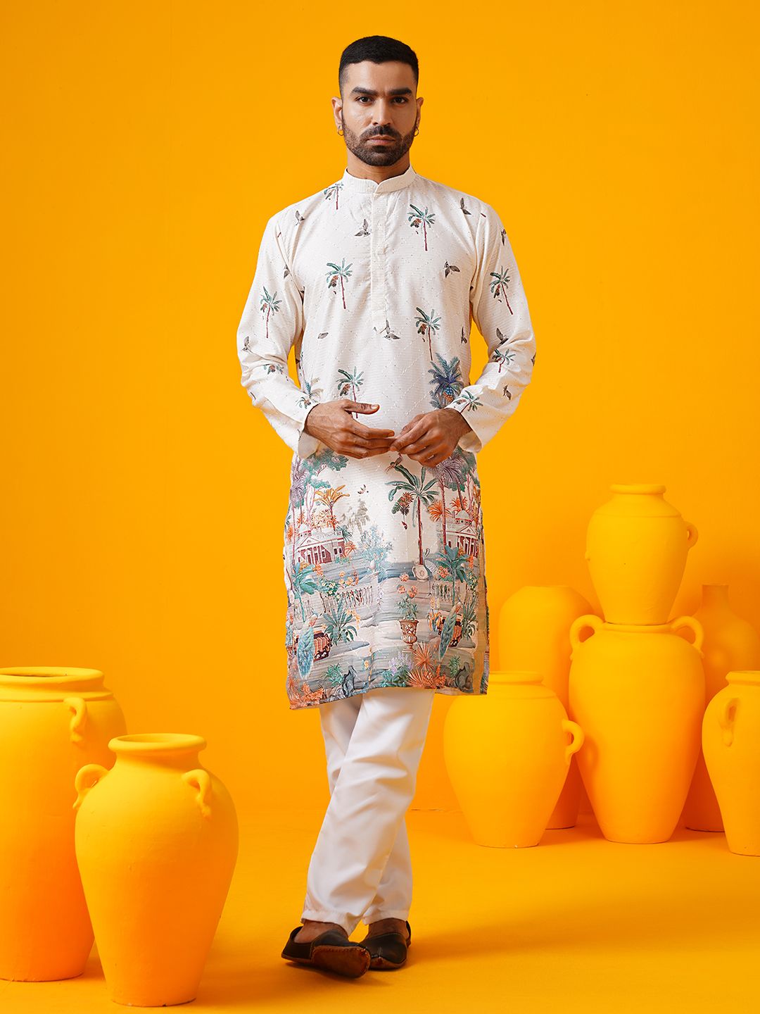 SOJANYA Men Floral Embroidered Regular Thread Work Pure Cotton Kurta with Pyjamas-picture-29