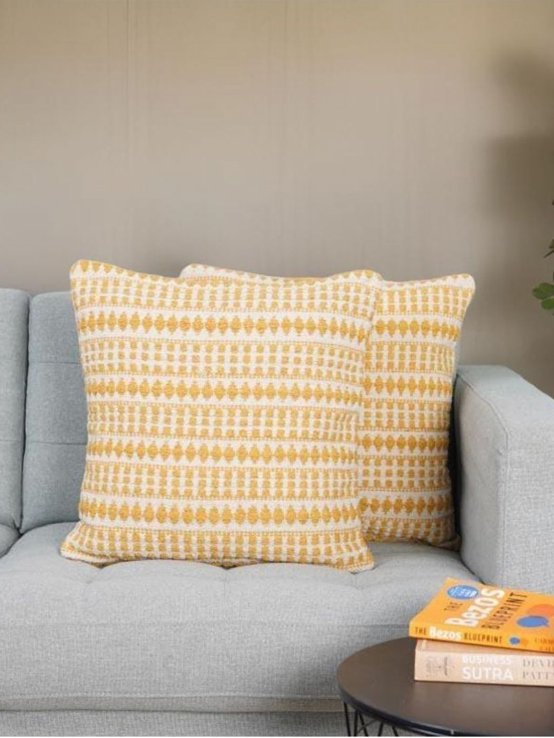 Aura Yellow & Beige 2 Pieces Self Design Embroidered Cotton Square Cushion Covers-image-22