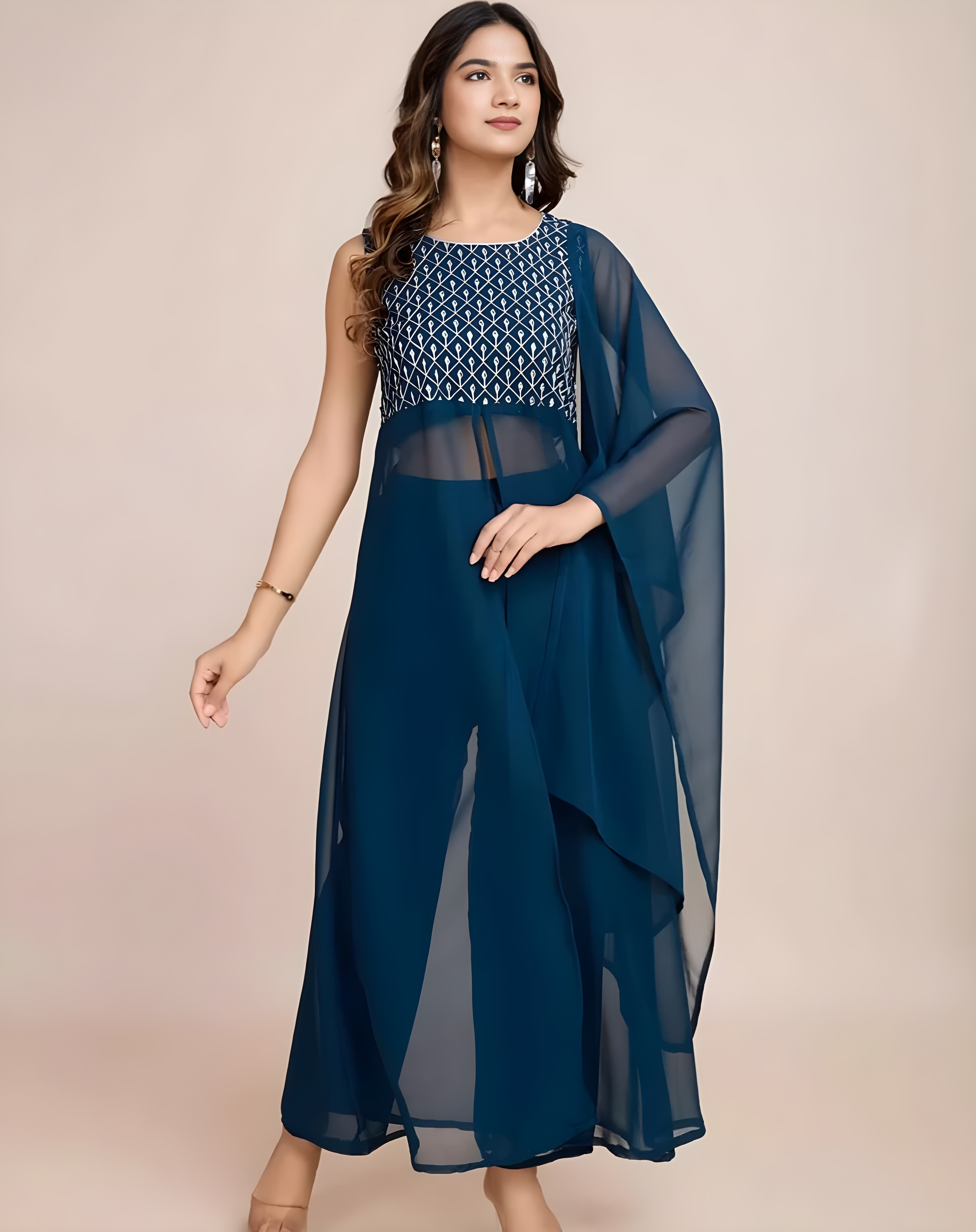 Maeswag Floral Embroidered Sequinned Georgette Straight Kurta With Palazzos & Dupatta