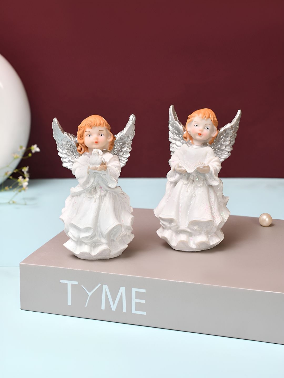 TAYHAA Silver-Toned And White Set of 2 Angels Figurine Showpiece-picture-31