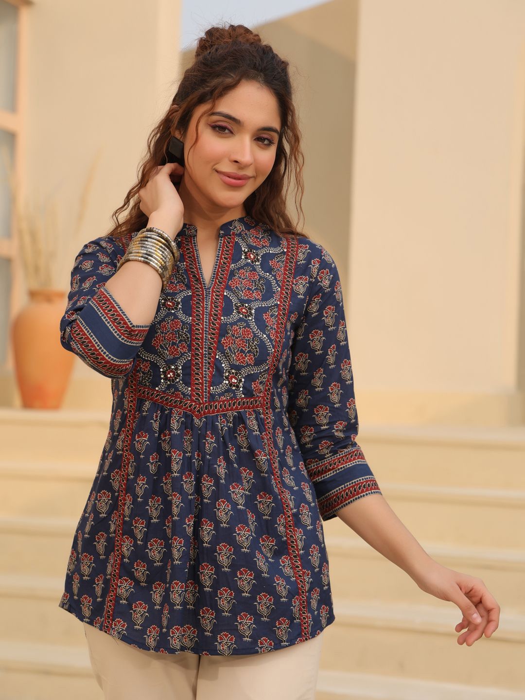 Rain & Rainbow Print Mandarin Collar Cotton Shirt Style Top-image-8