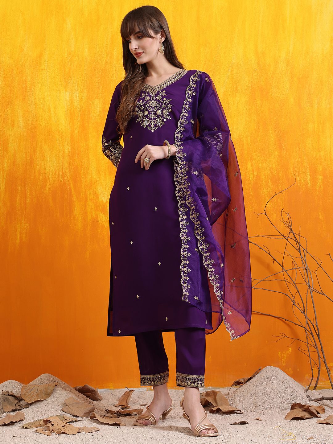 KALINI Floral Embroidered Chanderi Cotton V-Neck Straight Kurta With Trousers And Dupatta-picture-41