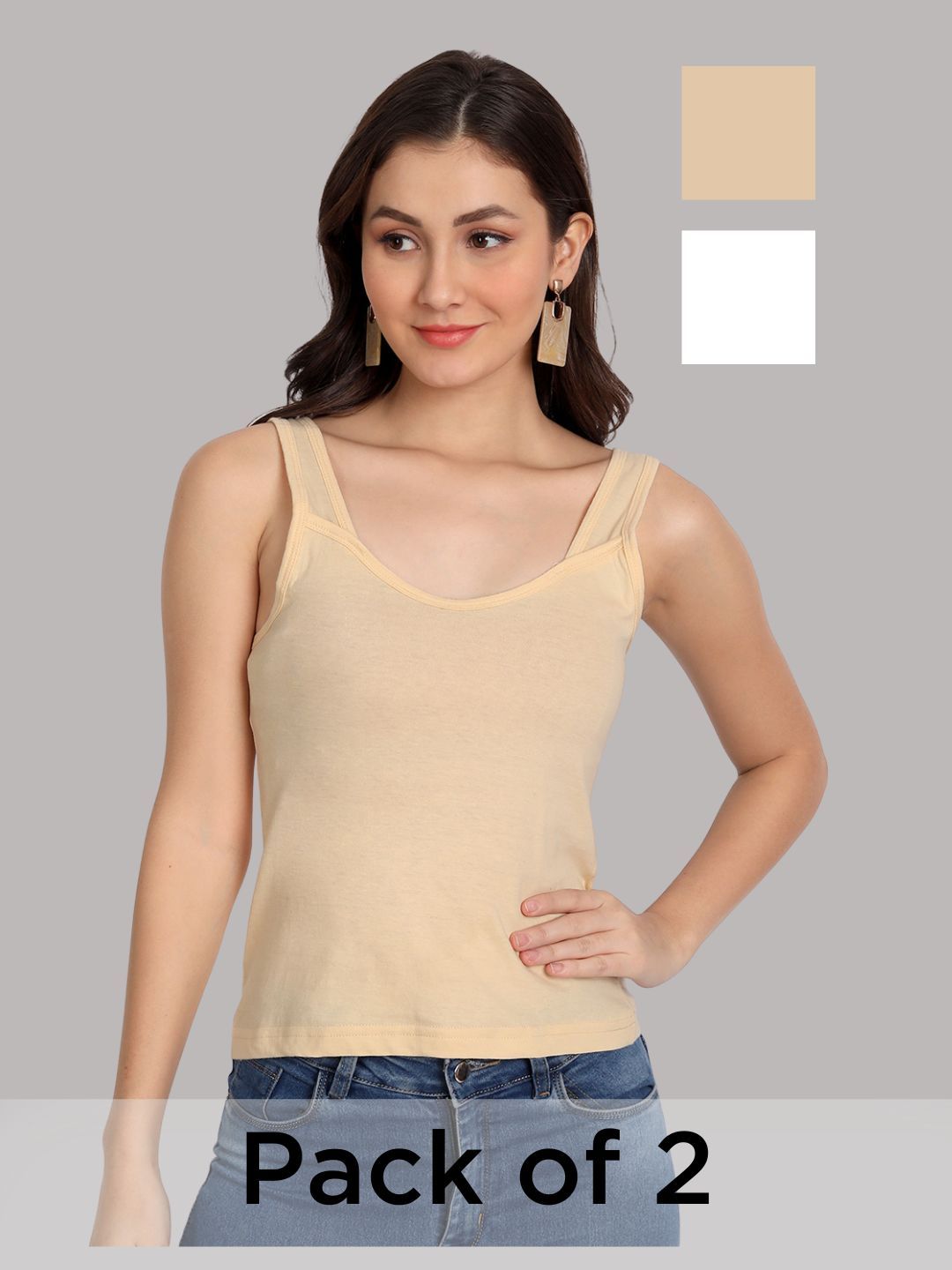Aimly White Beige Pack of 2 Cotton Shoulder Straps Spaghetti Camisoles