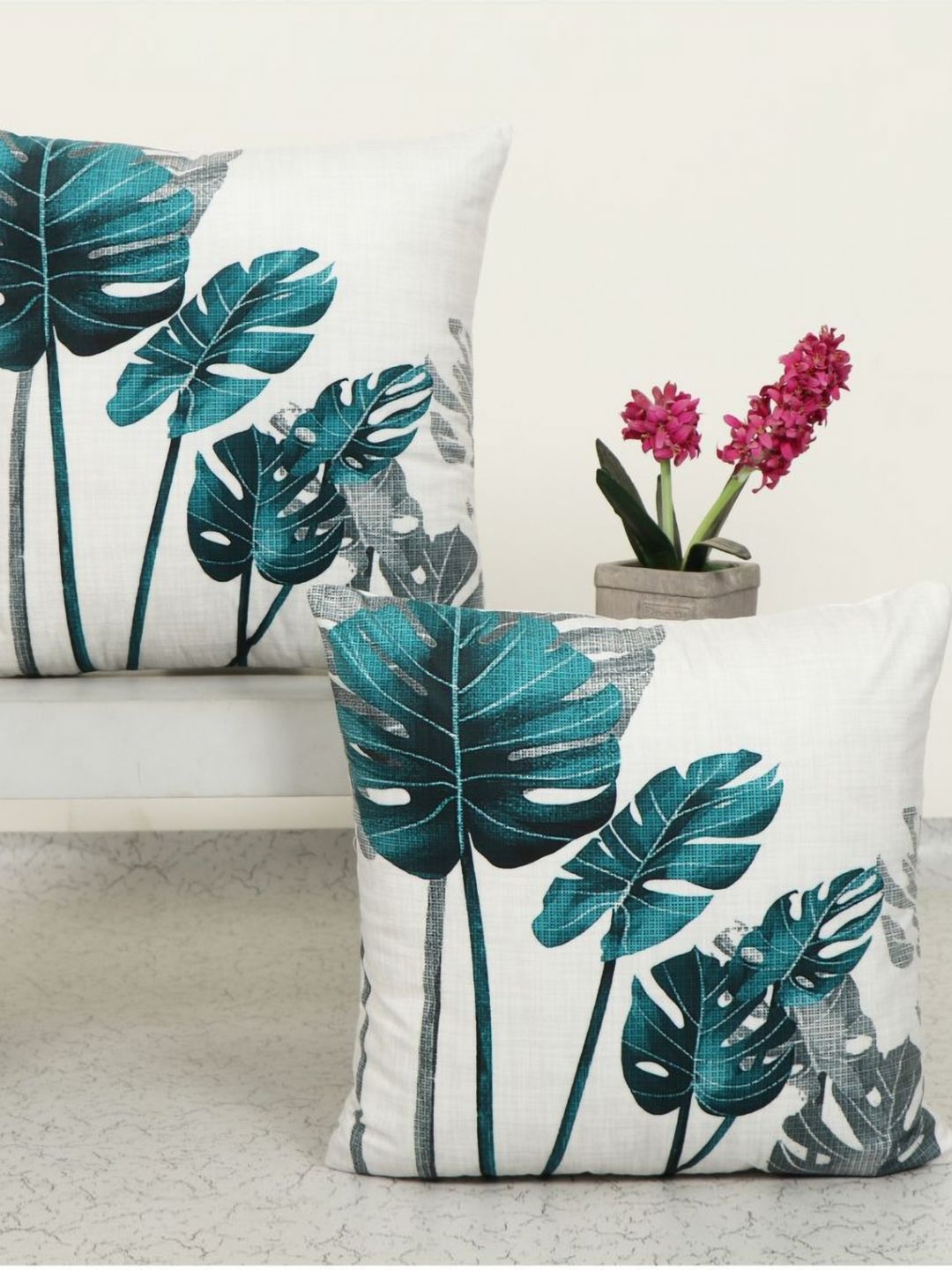 Aura White & Green 2 Pieces Floral Printed Square Cushion Covers-image-49