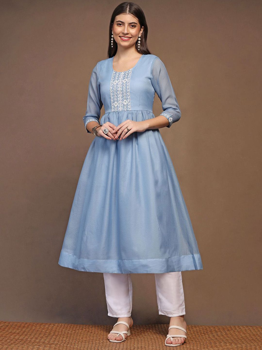 Moda Rapido Blue Floral Yoke Design Embroidered Kota Doriya Anarkali Kurta With Trouser