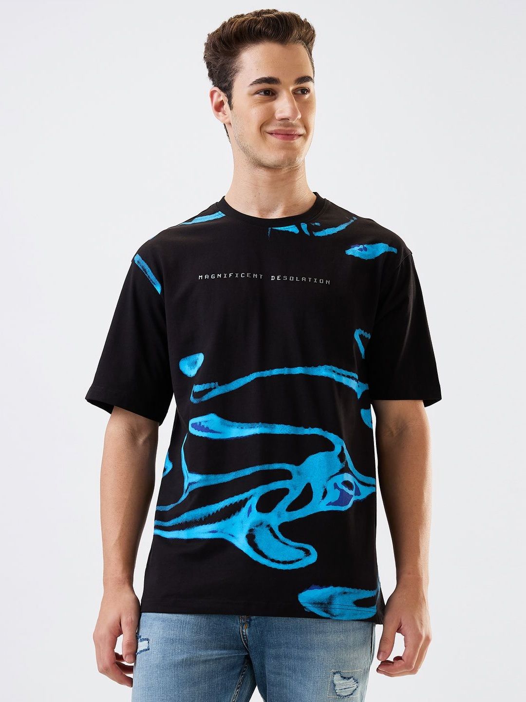 SPYKAR Men Abstract Printed Round Neck Cotton Relaxed Fit T-shirt-image-2