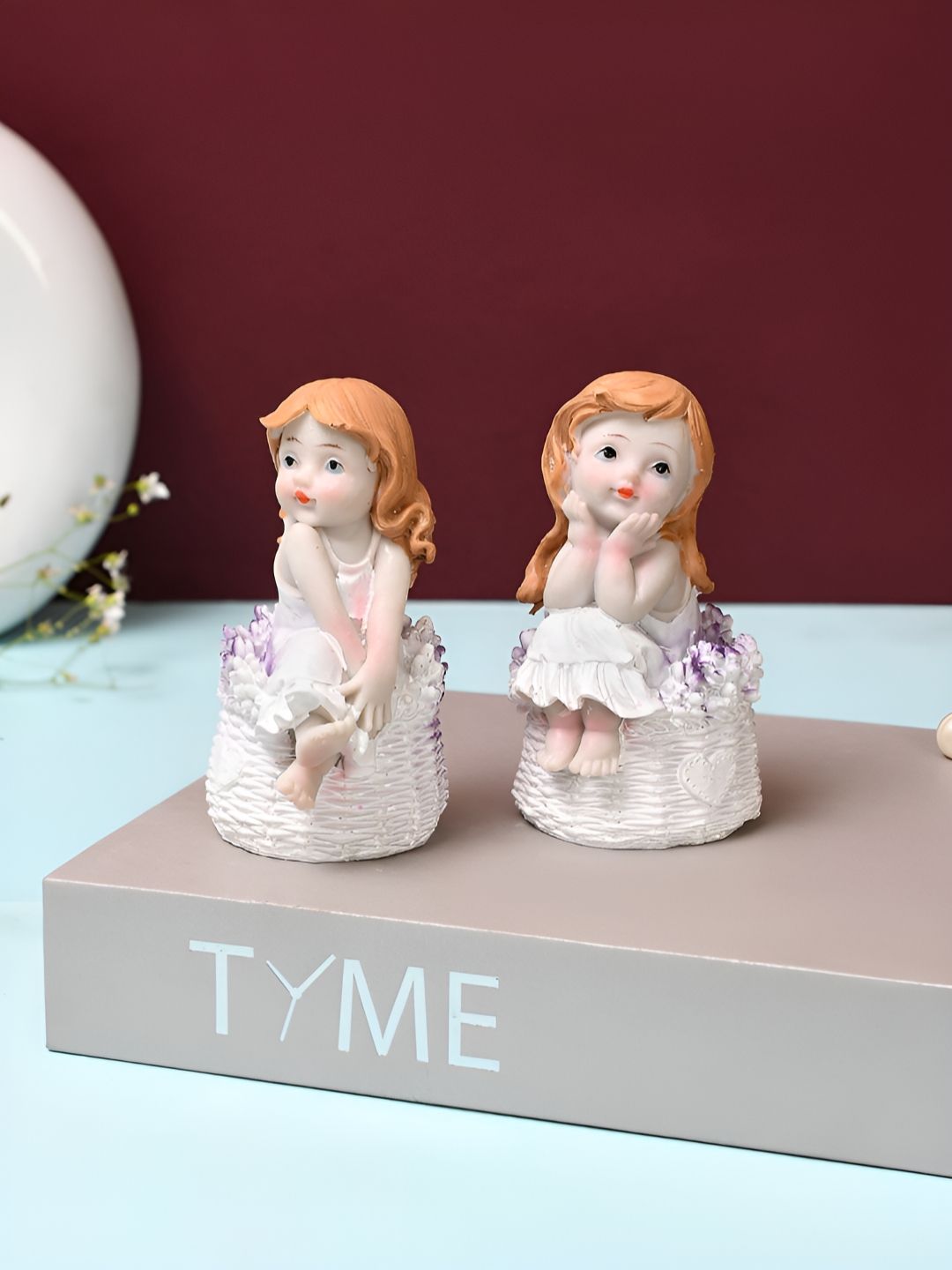 TAYHAA White & Brown 2 Pieces Little Girl With Floral Baskets Figurine Showpiece-image-22