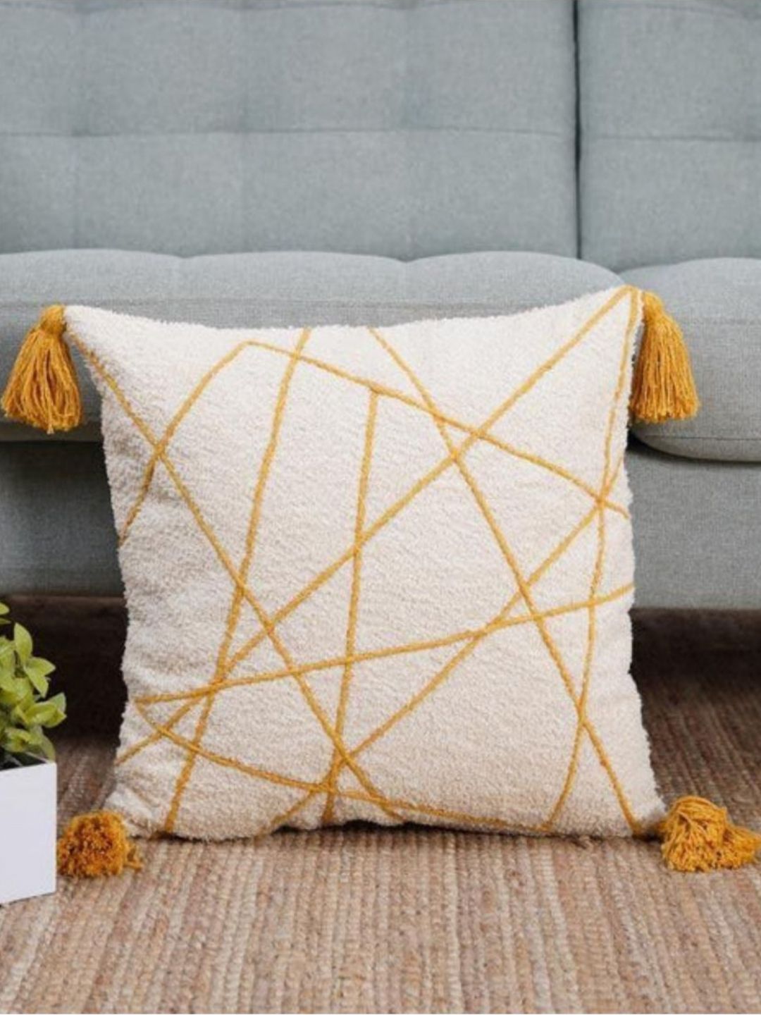 Aura Beige & Yellow Geometric Textured Tassels Cotton Square Cushion Covers-image-17