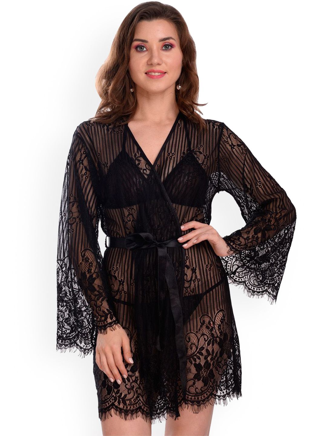 Fihana Women Shoulder Straps Lace Sheer Net Baby Doll