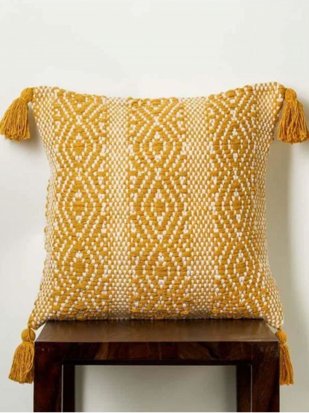 Aura Yellow & Beige Geometric Embroidered Cotton Square Cushion Cover-image-15