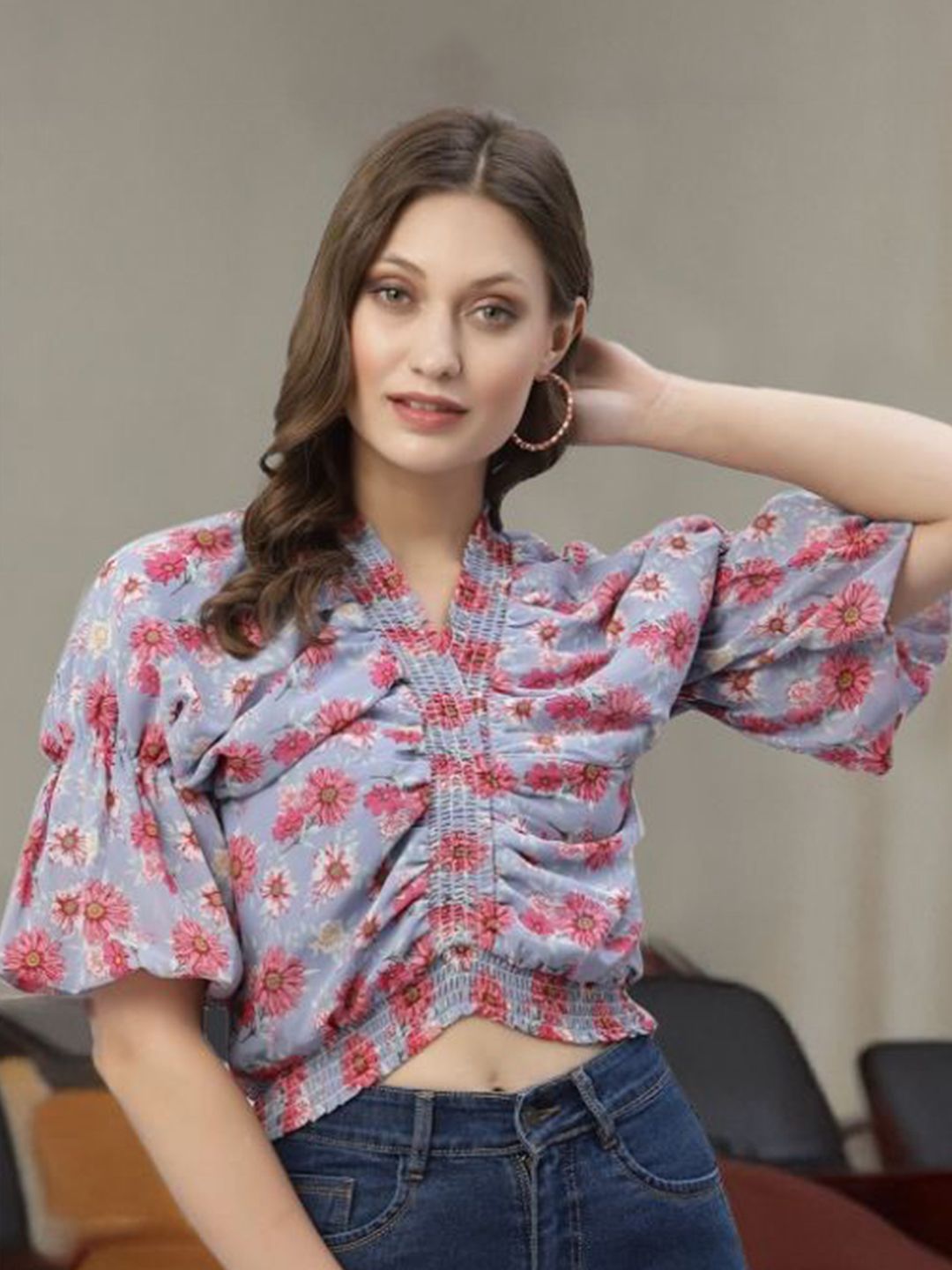 STYLECAST X KASSUALLY Floral Print Puff Sleeve Georgette Blouson Crop Top-picture-36