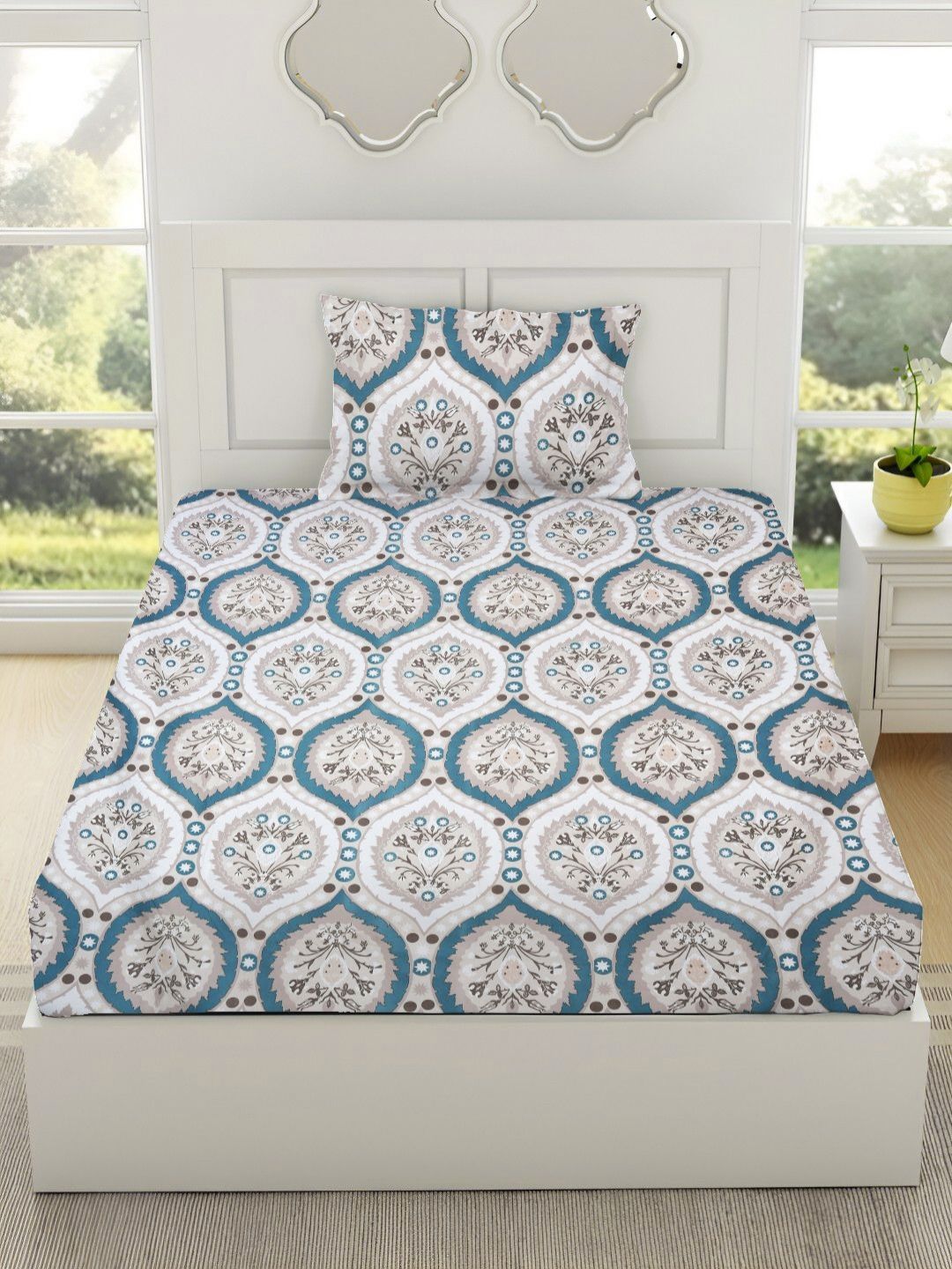 RRC White & Blue Floral Printed Microfiber Cotton 144 TC Single Bedsheet Set 36 cm x 1.92m-image-37