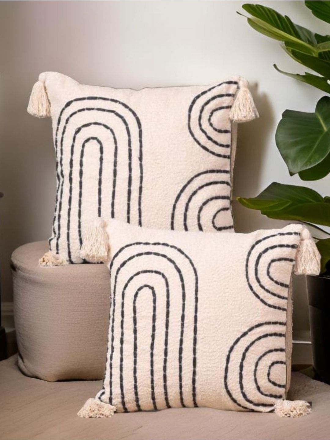 Aura Beige And Black 2 Pieces Geometric Embroidered Cotton Square Cushion Covers-picture-54