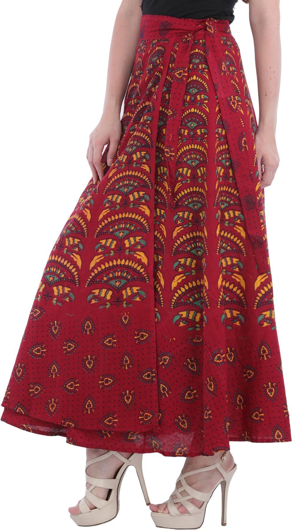 Exotic India Printed Pure Cotton Wrap Maxi Skirts-image-46