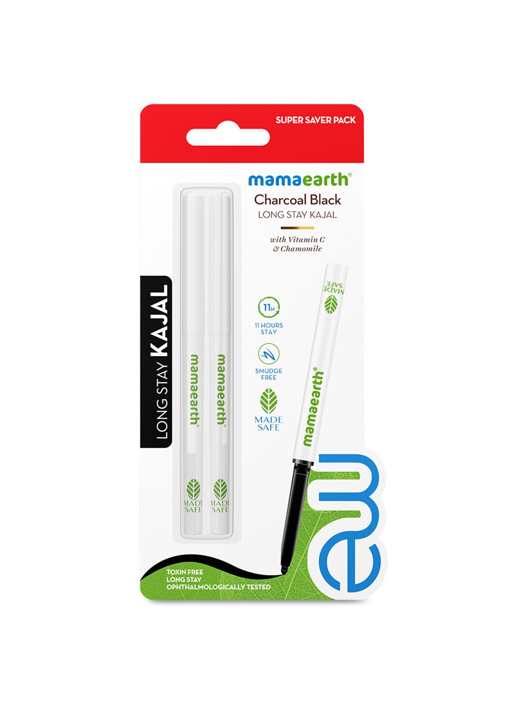 Mamaearth Pack of 2 Long Stay Kajals with Vitamin C 0.35g Each - Charcoal Black