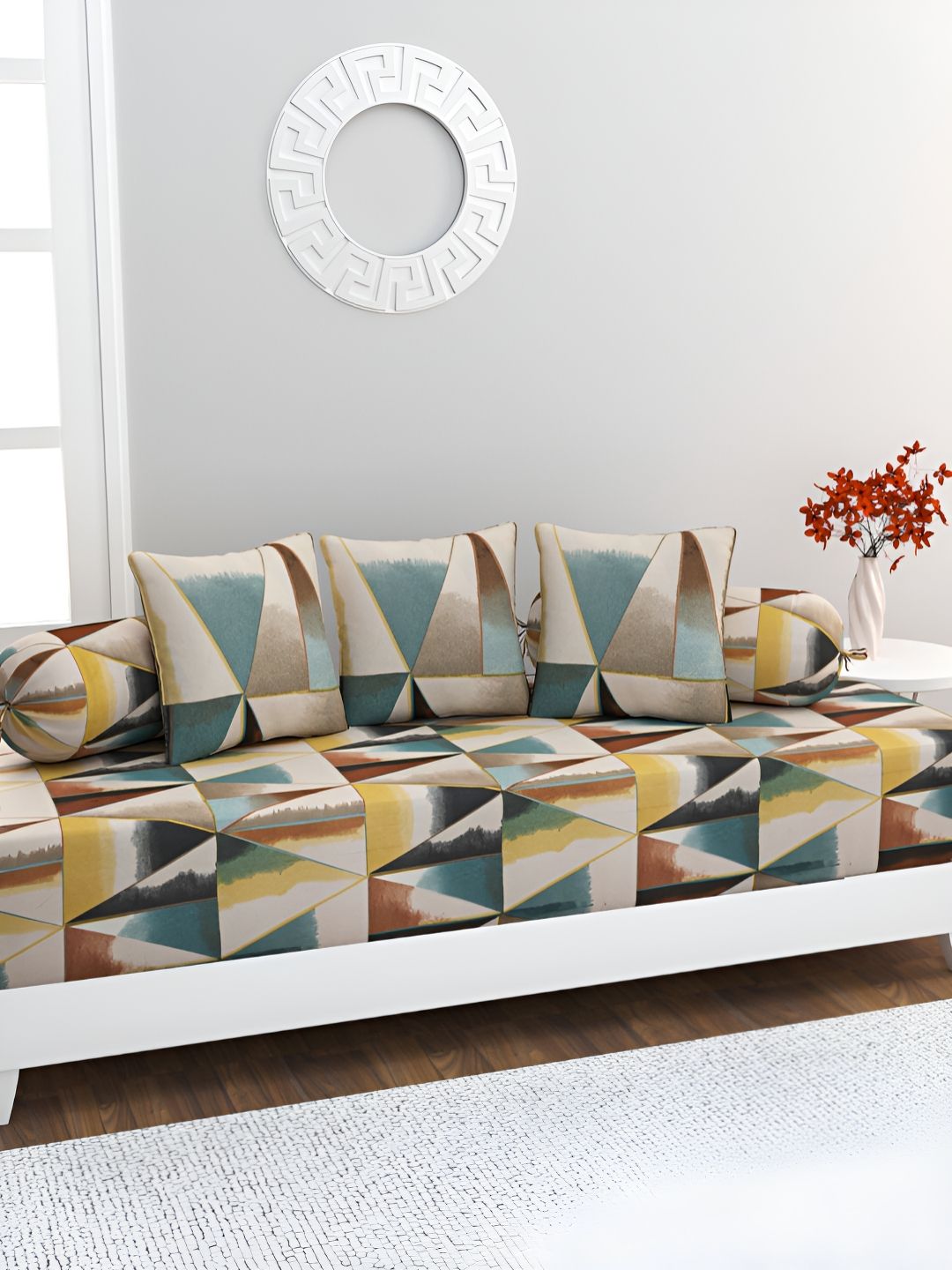 HOME AFFAIRS 6-Pcs Beige & Blue Printed Cotton 160 Thread Count Cotton Single Diwan Set-image-24