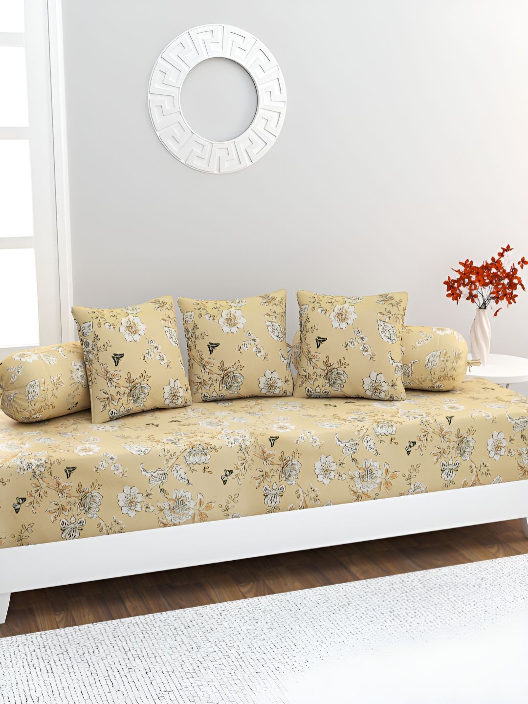 HOME AFFAIRS 6-Pcs Yellow & White Printed Cotton 160 Thread Count Cotton Single Diwan Set-picture-34
