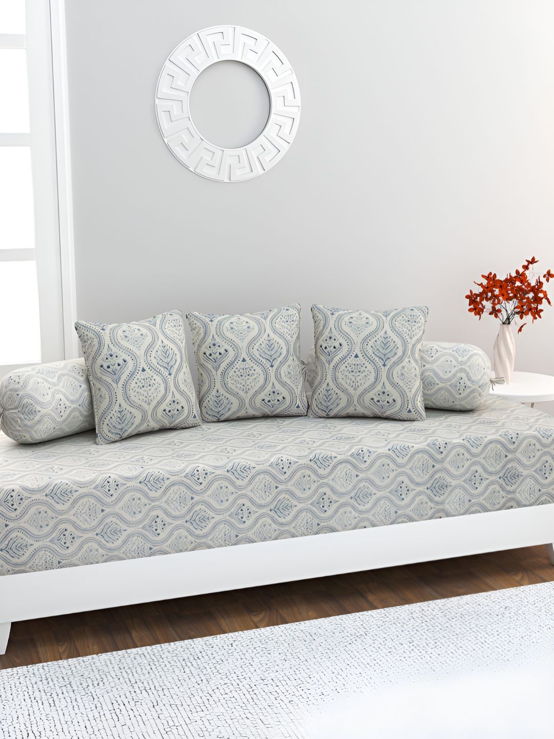 HOME AFFAIRS 6-Pcs White & Blue Printed Cotton 160 Thread Count Cotton Single Diwan Set-picture-25