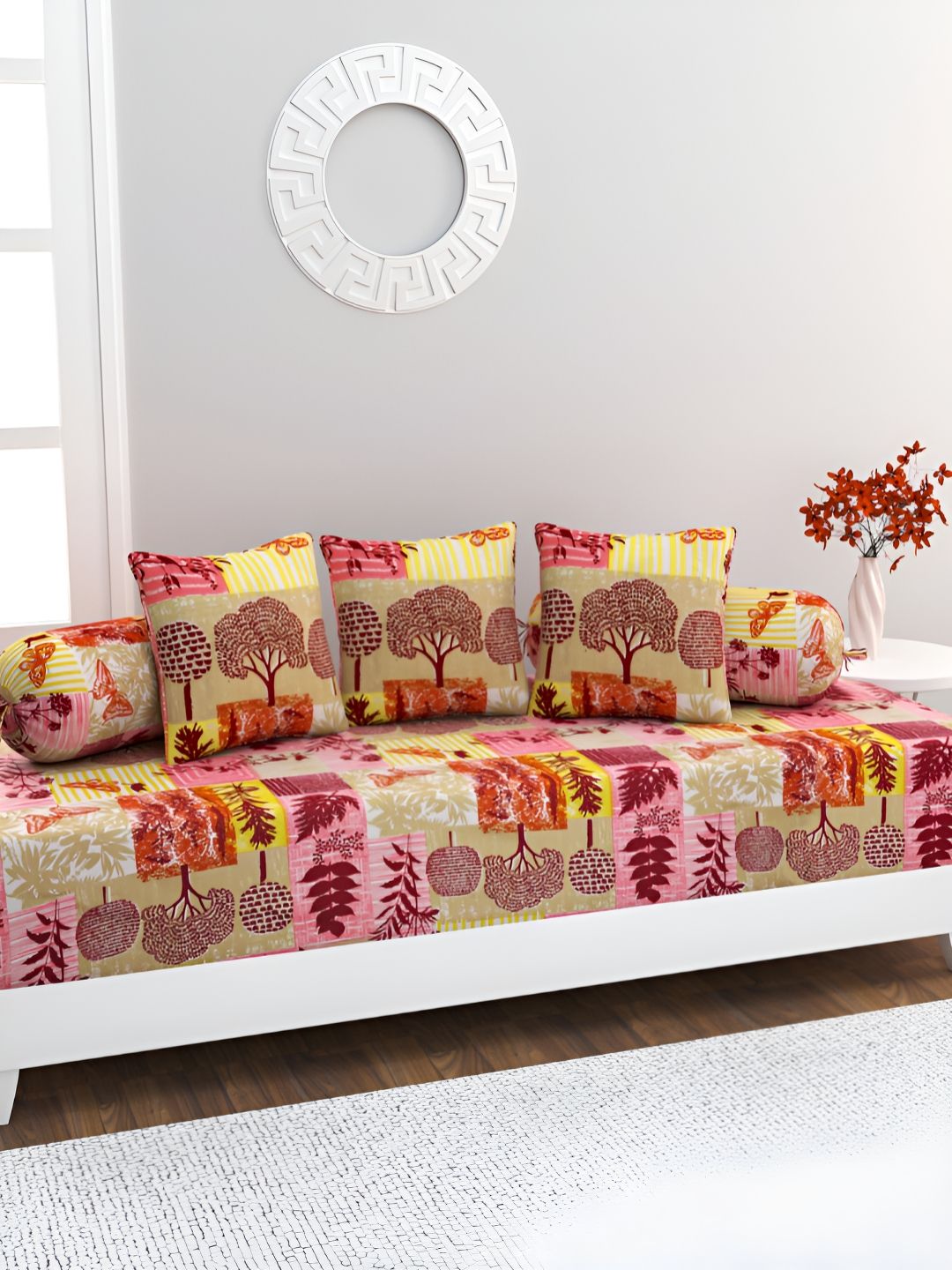 HOME AFFAIRS 6-Pcs Pink & Yellow Printed Cotton 220 Thread Count Cotton Single Diwan Set-picture-26