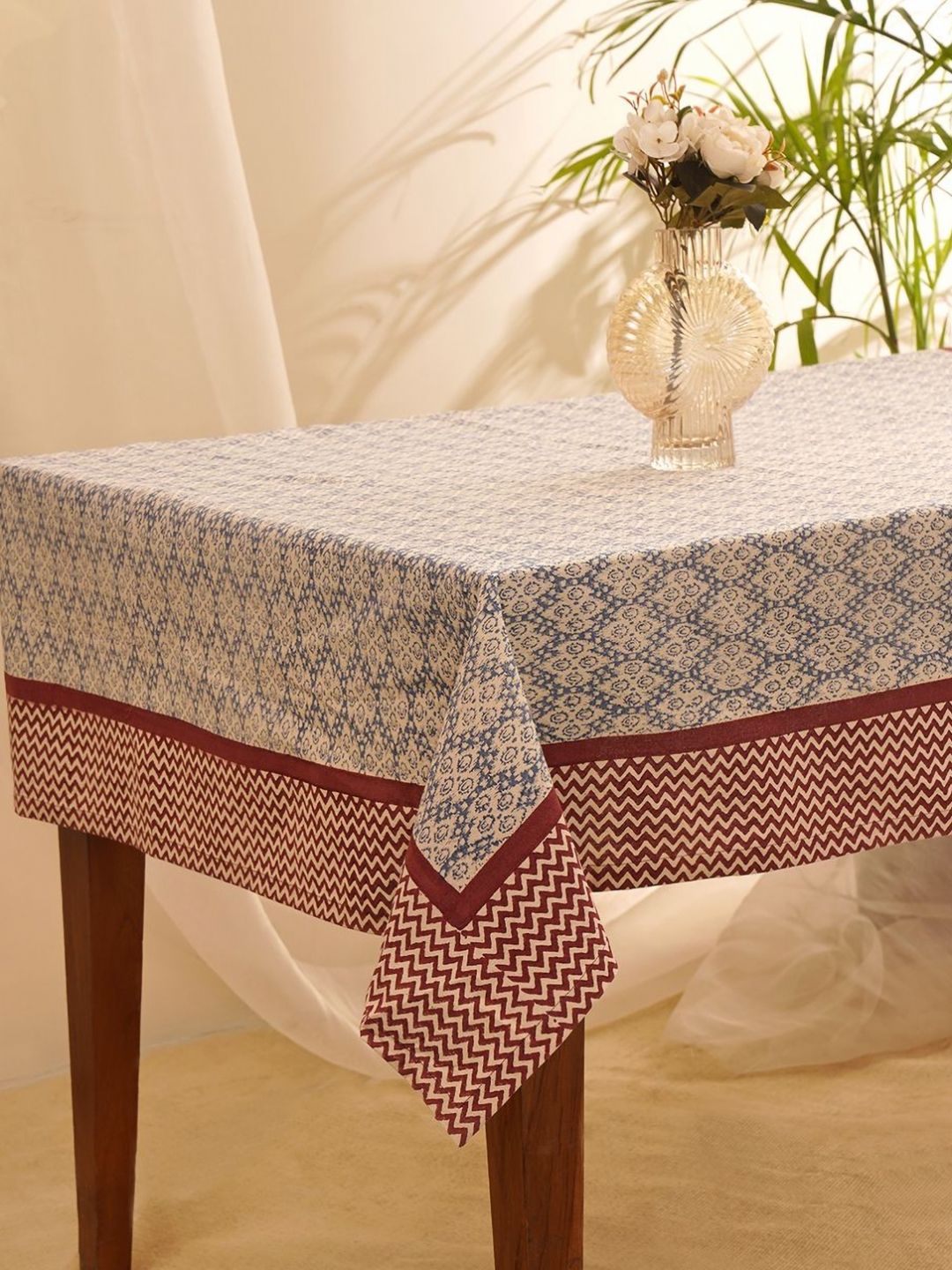 JAYPORE Beige & Blue Ethnic Motifs Printed Cotton 4-Seater Table Cover-picture-20