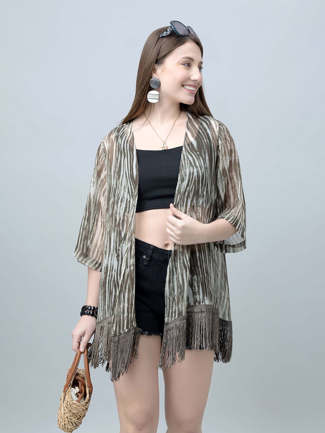 PURYS Women Printed Tasselled Longline Shrug-image-20