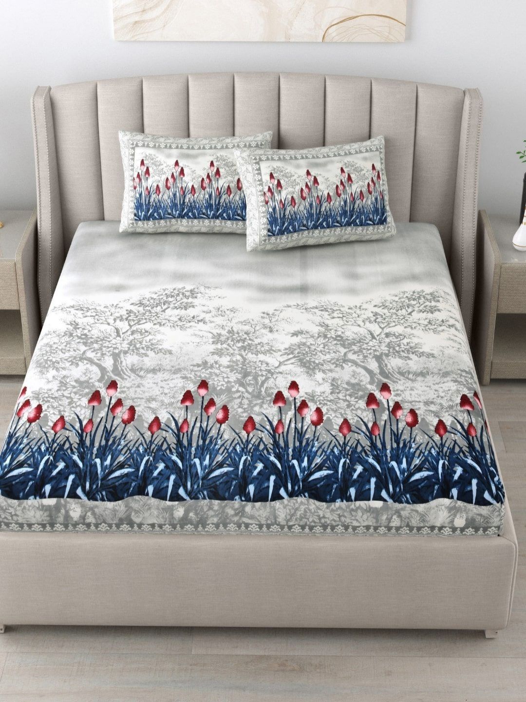 BED-SHEET.COM Blue & Grey Floral Printed Cotton 180 TC King Bedsheet Set 2.28 m x 2.74 m-image-4