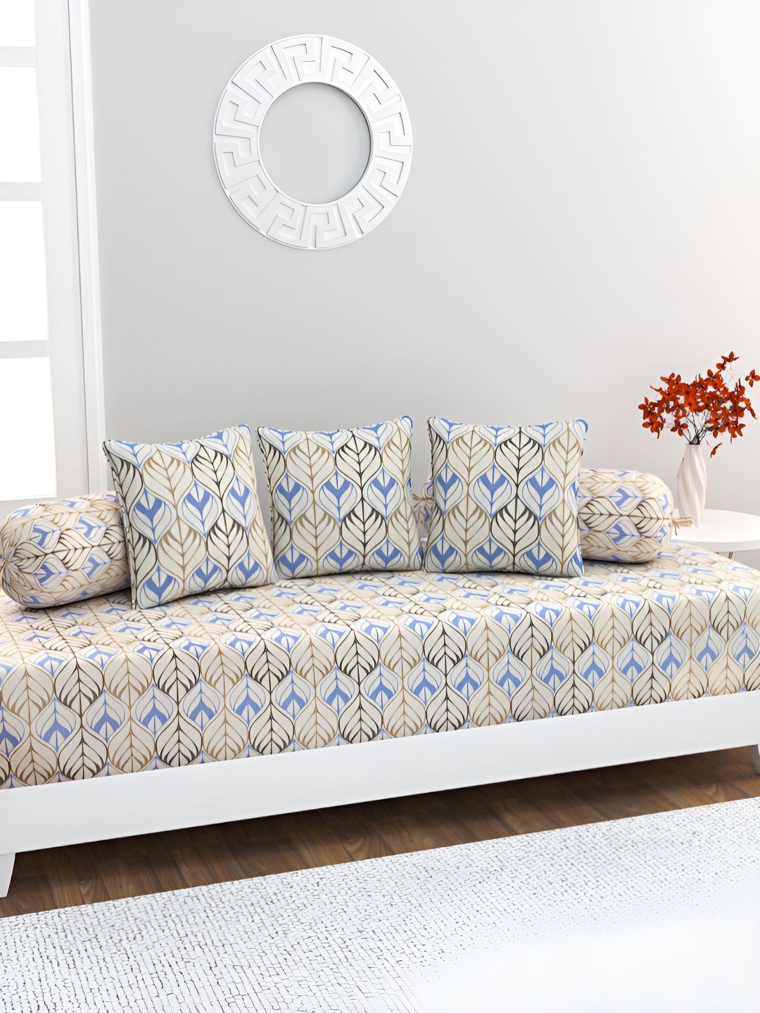 HOME AFFAIRS Off White & Blue 6 Pieces Printed Cotton 160 TC Single Diwan Set-picture-16