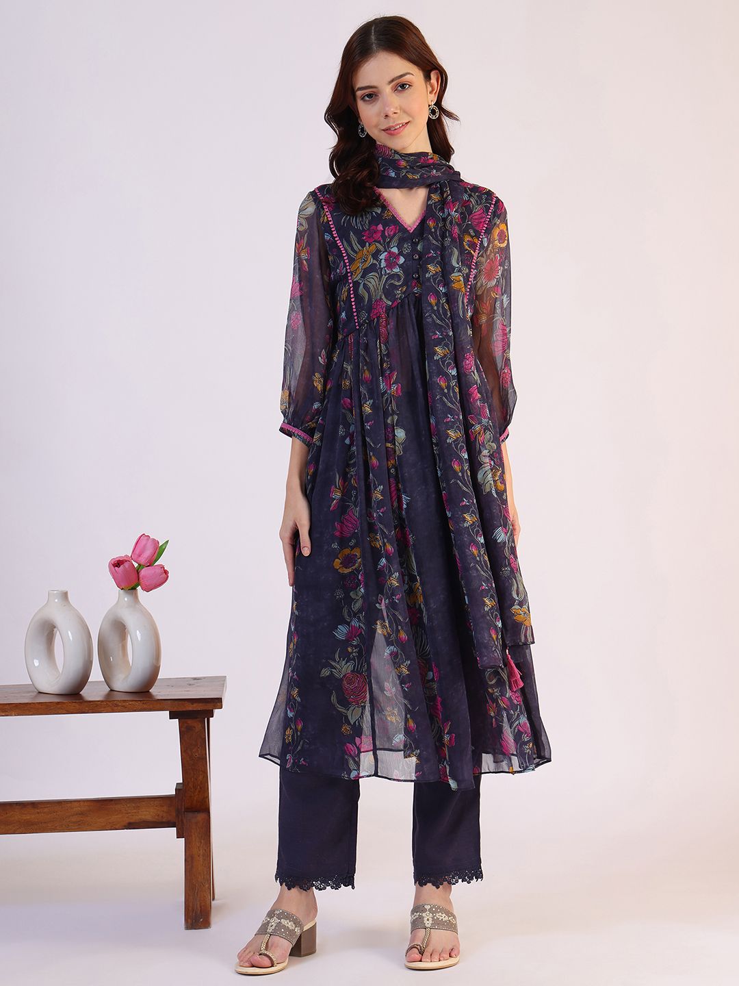 W Blue Floral Printed Pleated V-Neck Kurta With Trousers And Dupatta-picture-10