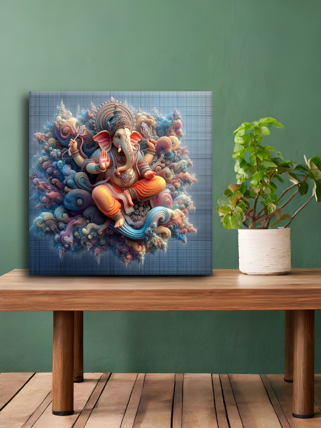Olive Tree Blue & Orange Ganesh Religious Canvas Wall Art-picture-52