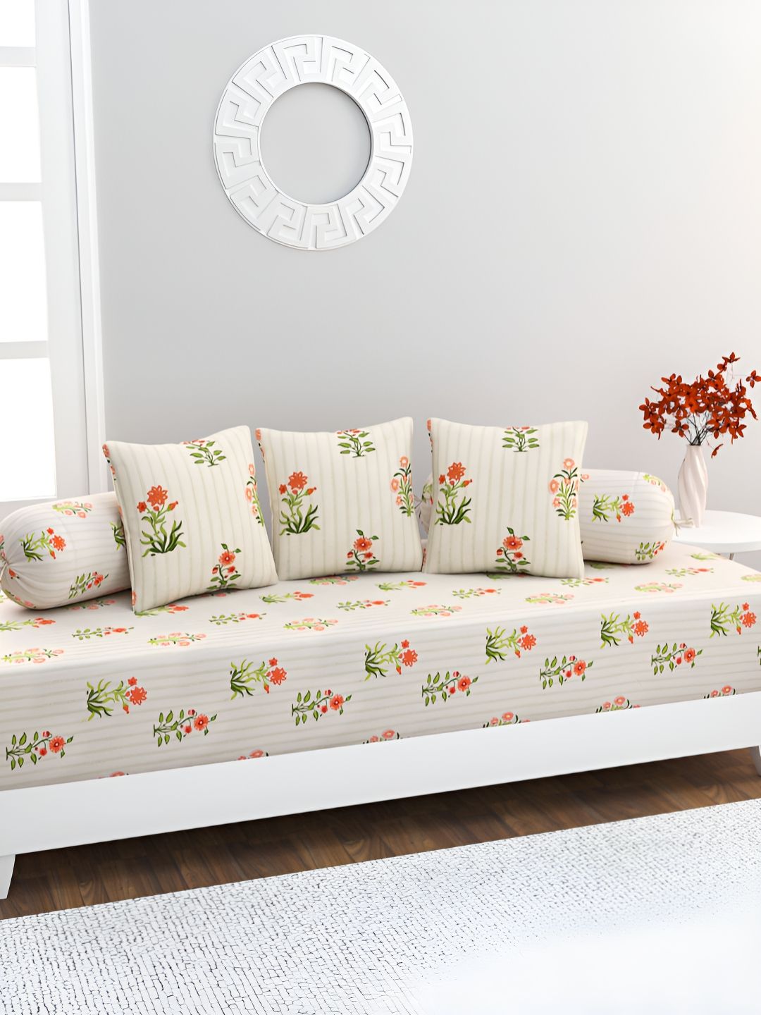 HOME AFFAIRS 6-Pcs White & GreenPrinted Cotton 160 Thread Count Cotton Single Diwan Set-picture-44