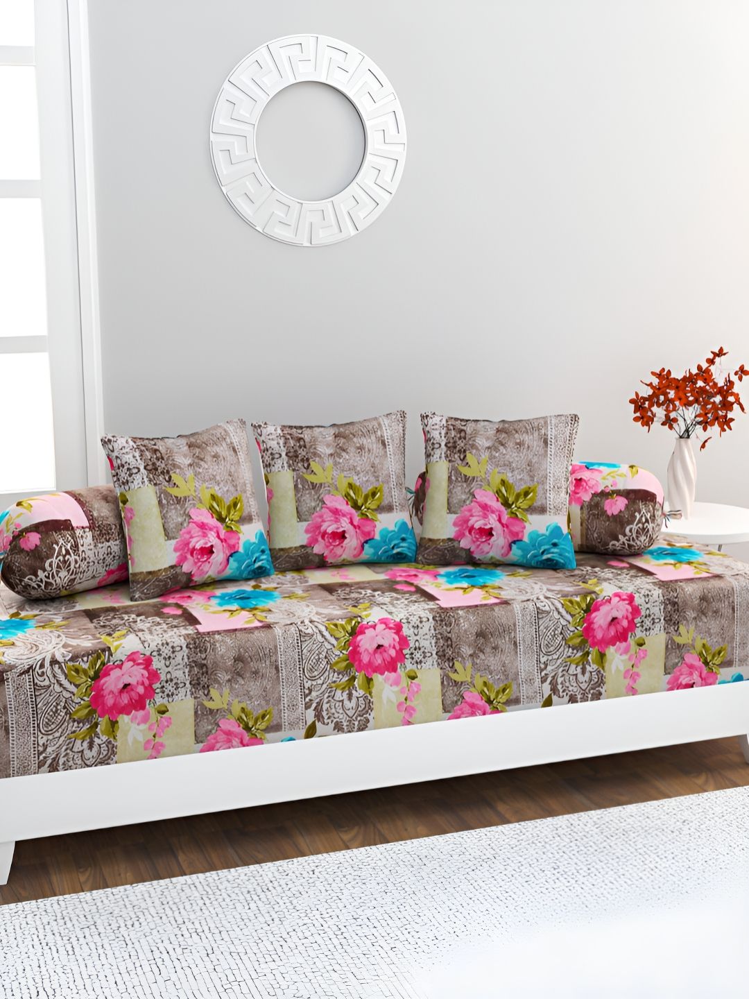 HOME AFFAIRS 6-Pcs Brown & Pink Printed Cotton 220 Thread Count Cotton Single Diwan Set-picture-54