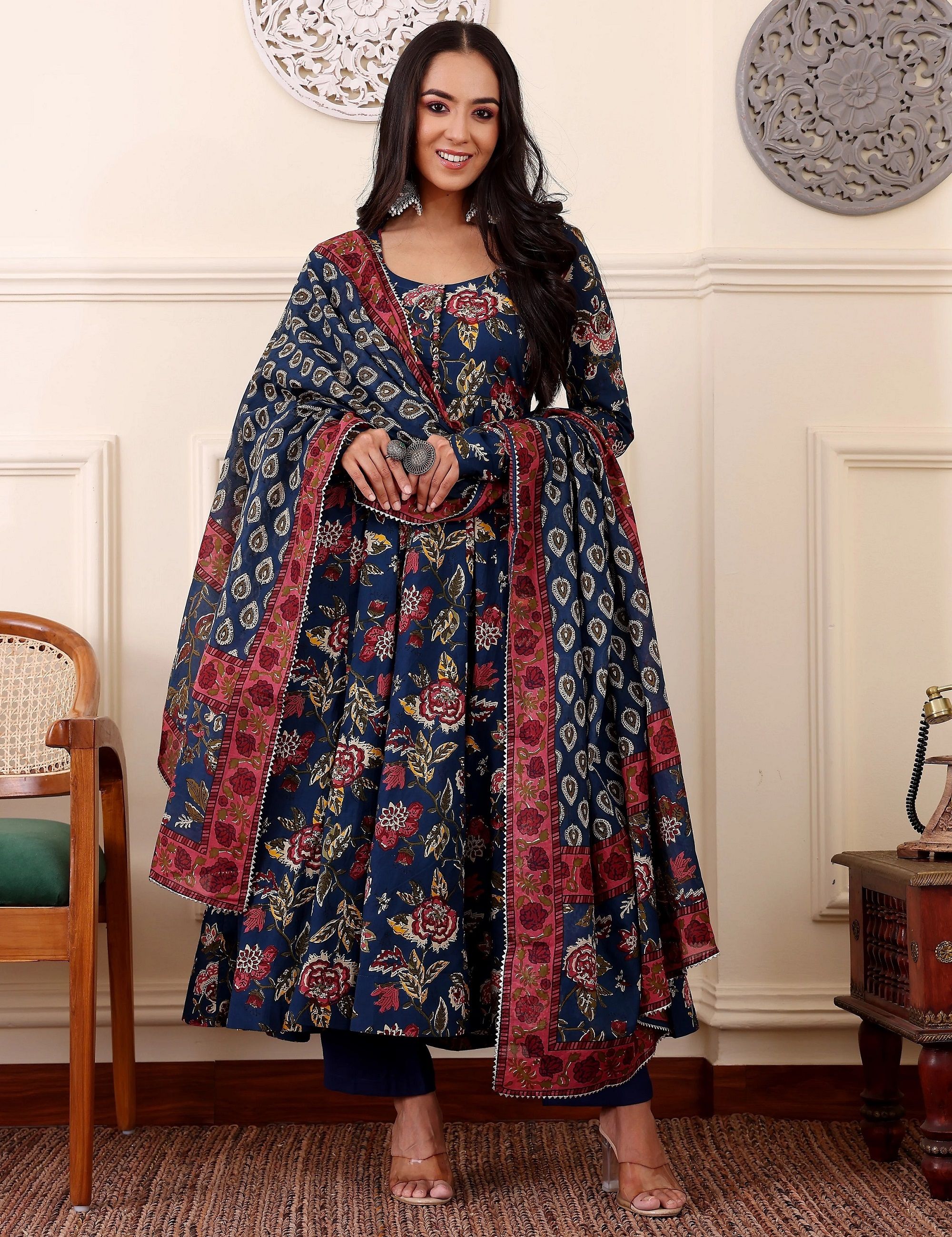 KALINI Floral Printed Anarkali Kurta With Trousers And Dupatta