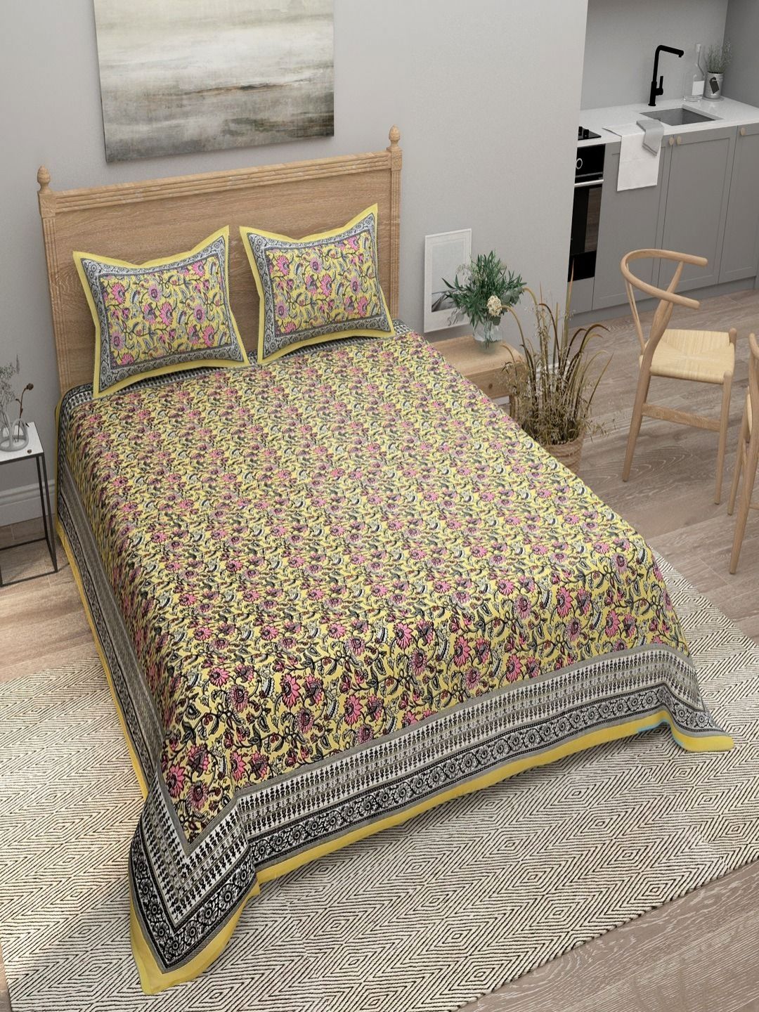 Myntra Elegant Homes Beige Floral Pure Cotton 180 TC King Bedsheet Set-2.74 m x 2.54 m-picture-12