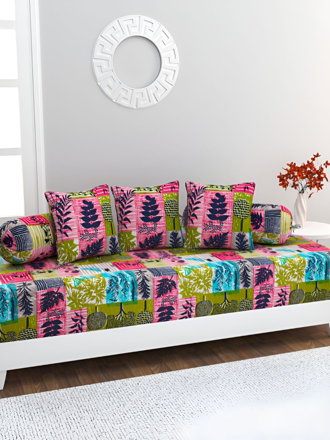 HOME AFFAIRS 6-Pcs White & Green Printed Cotton 220 Thread Count Cotton Single Diwan Set-image-20