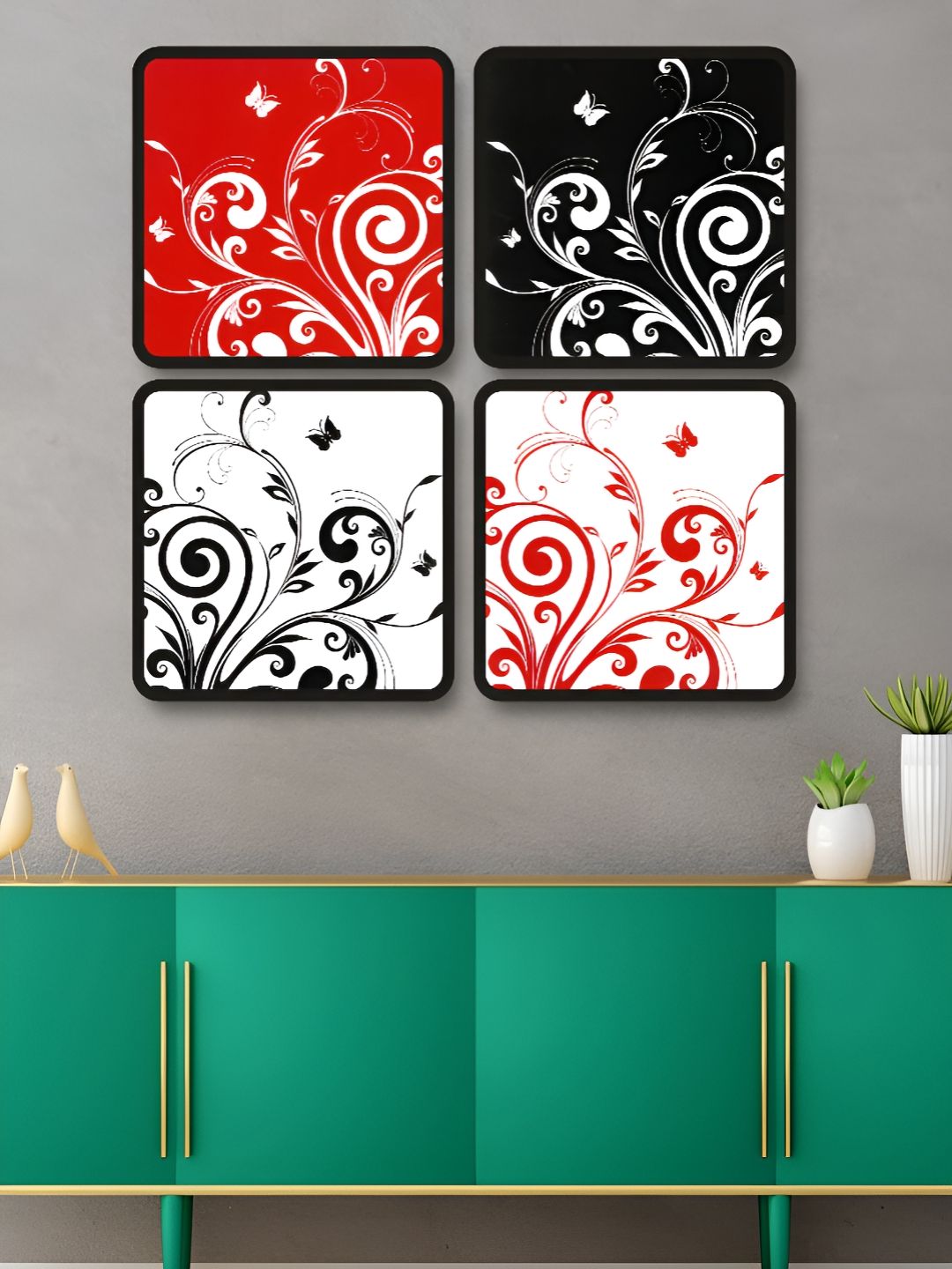 Myntra Elegant Homes Red & Black 4 Piece Wood Floral and Botanical Wall Art-picture-14