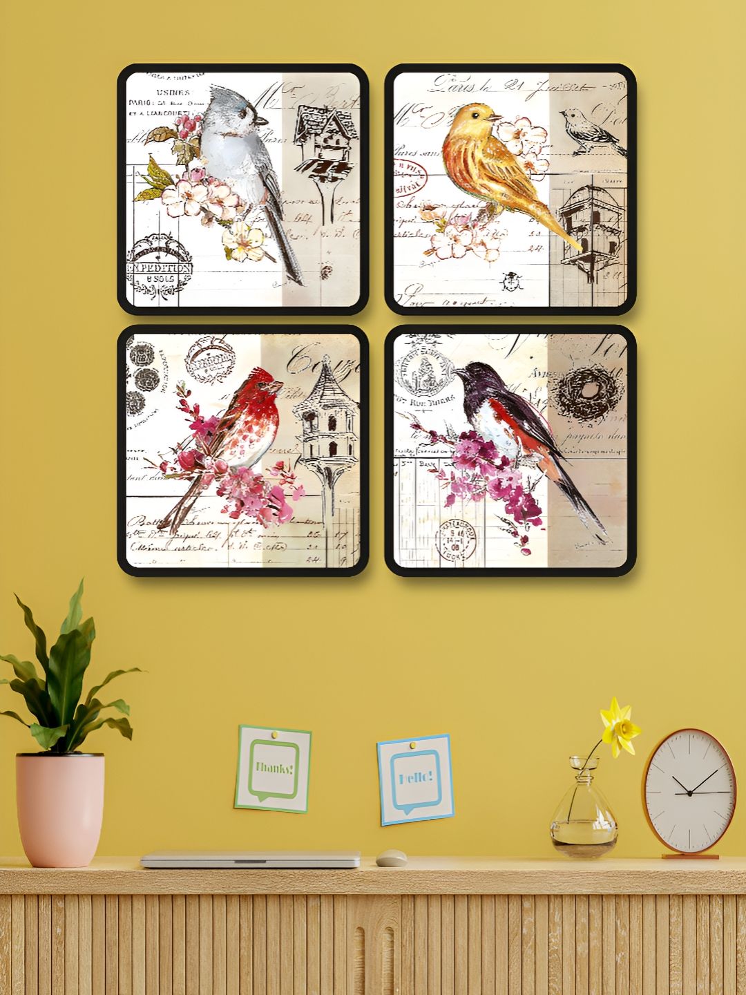 Myntra Elegant Homes Yellow & Pink 4 Piece Wooden Birds and Animals Wall Art-picture-22