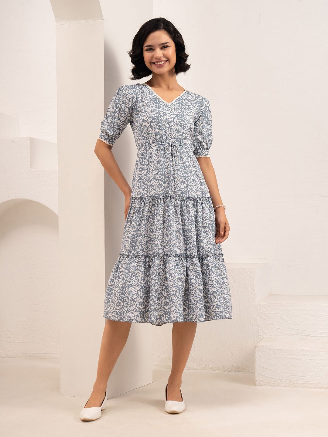 AASK Women Floral Printed V Neck Fit & Flare Midi Dress-picture-16