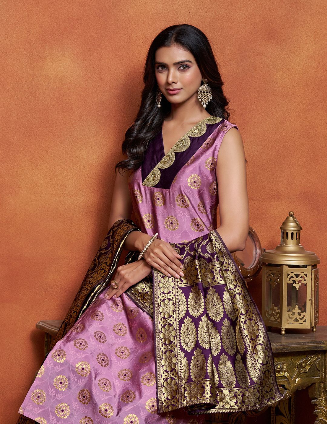 KALINI Dharti Floral Woven Design V-Neck Banarasi Straight Kurta With Salwar & Dupatta