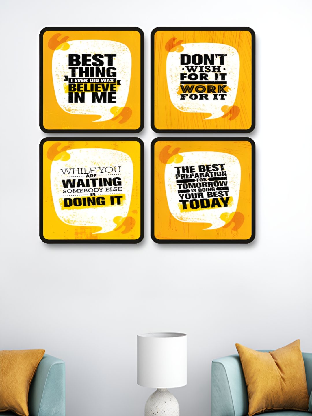 Myntra Elegant Homes Yellow & White 4 Pieces Motivational Quotes Printed Wood Wall Art-picture-25