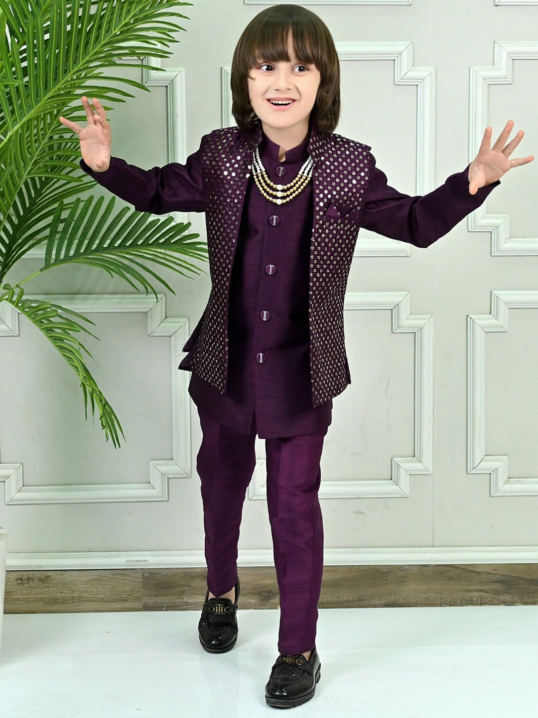 ahhaaaa Boys Sequin Embroidered Sherwani Set-picture-13