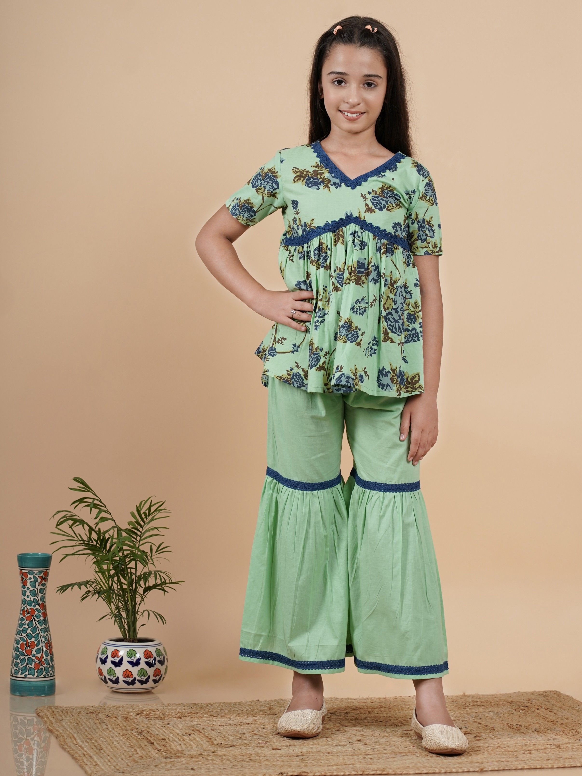 TUNIYA Girls Floral Printed Cotton Blend V-Neck Empire Kurta With Sharara-picture-43