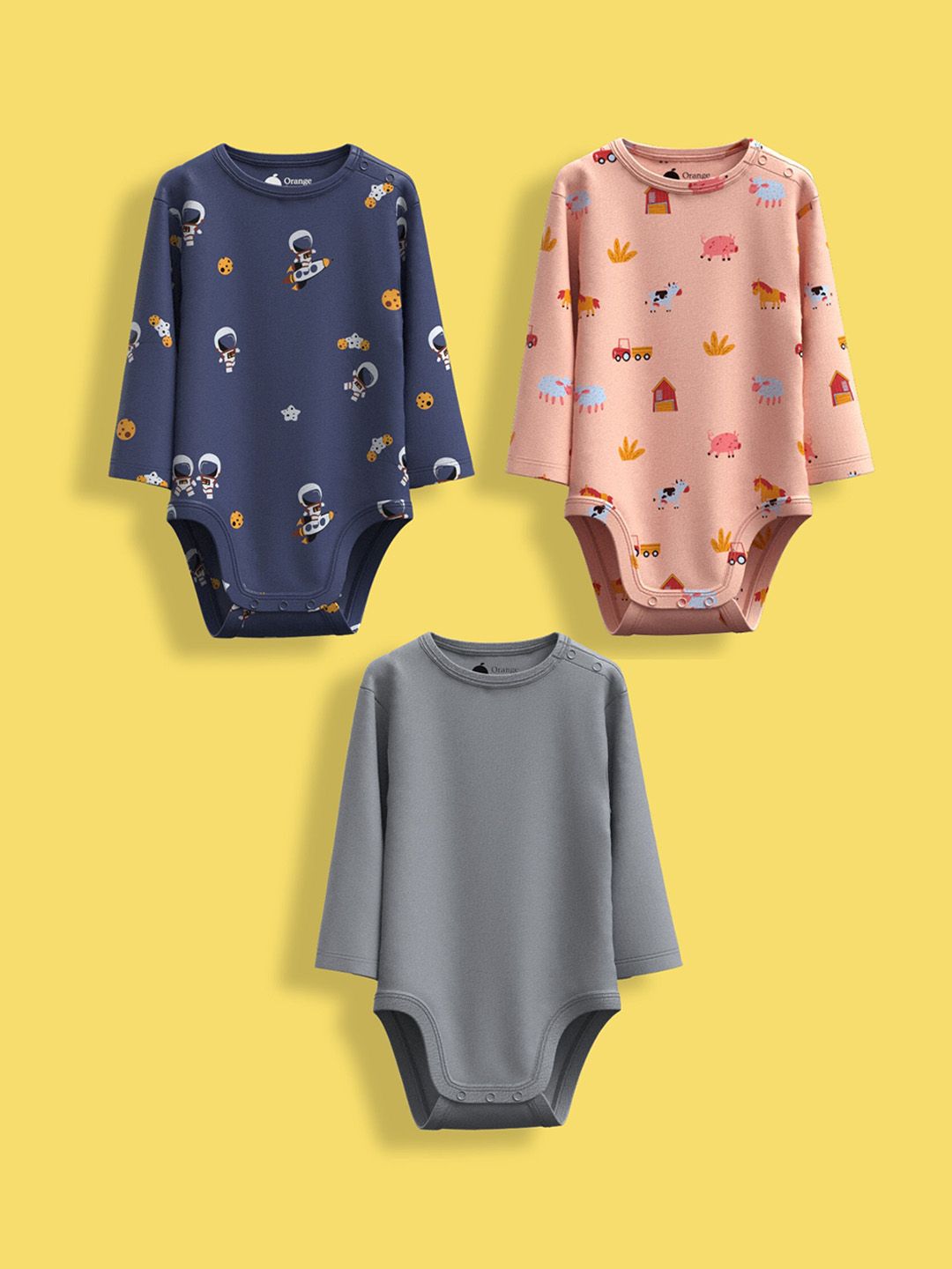 Orange Sugar Infants Pack Of 3 Printed Cotton Bodysuits-picture-52