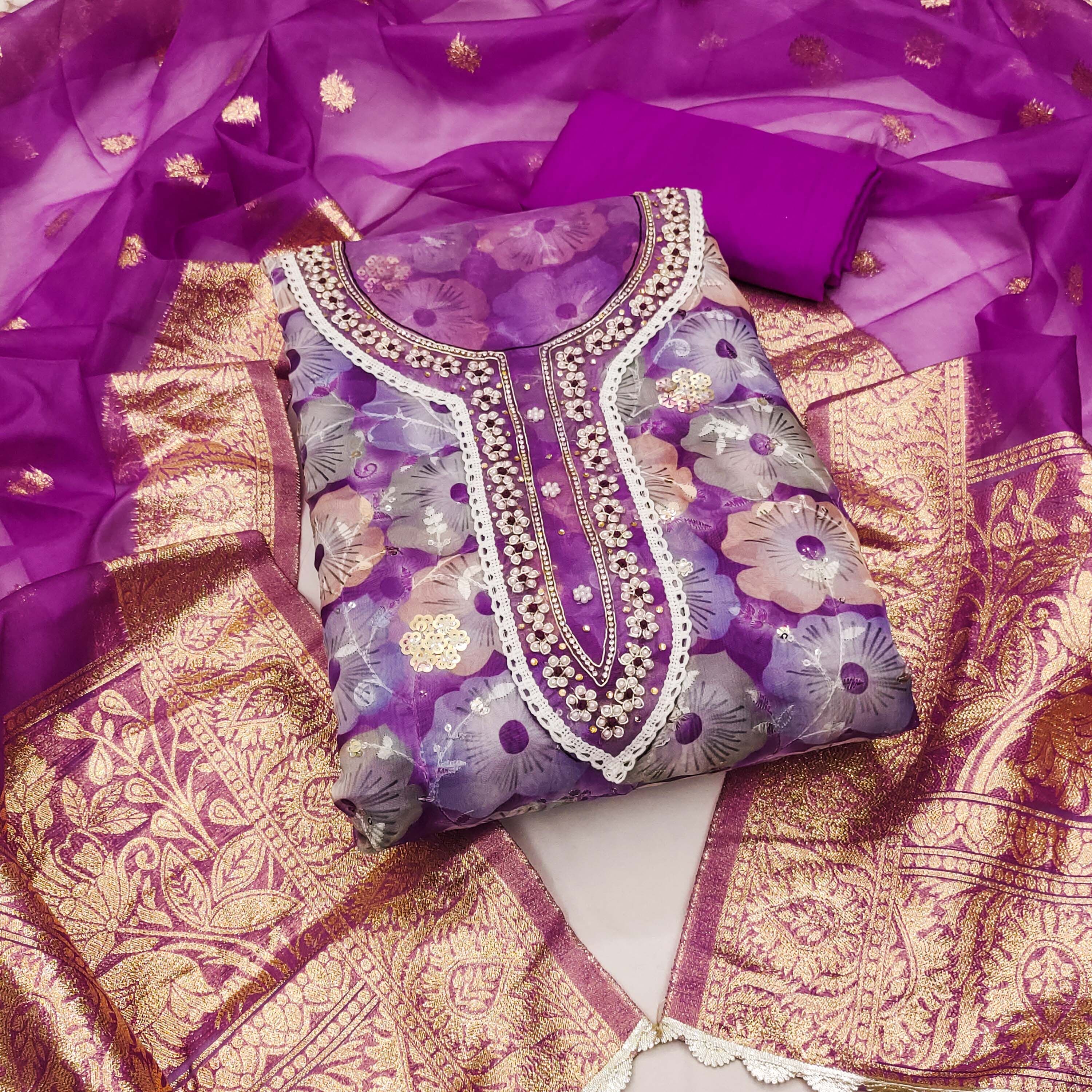 Blissta Floral Printed Beads And Stones Unstitched Dress Material-picture-33