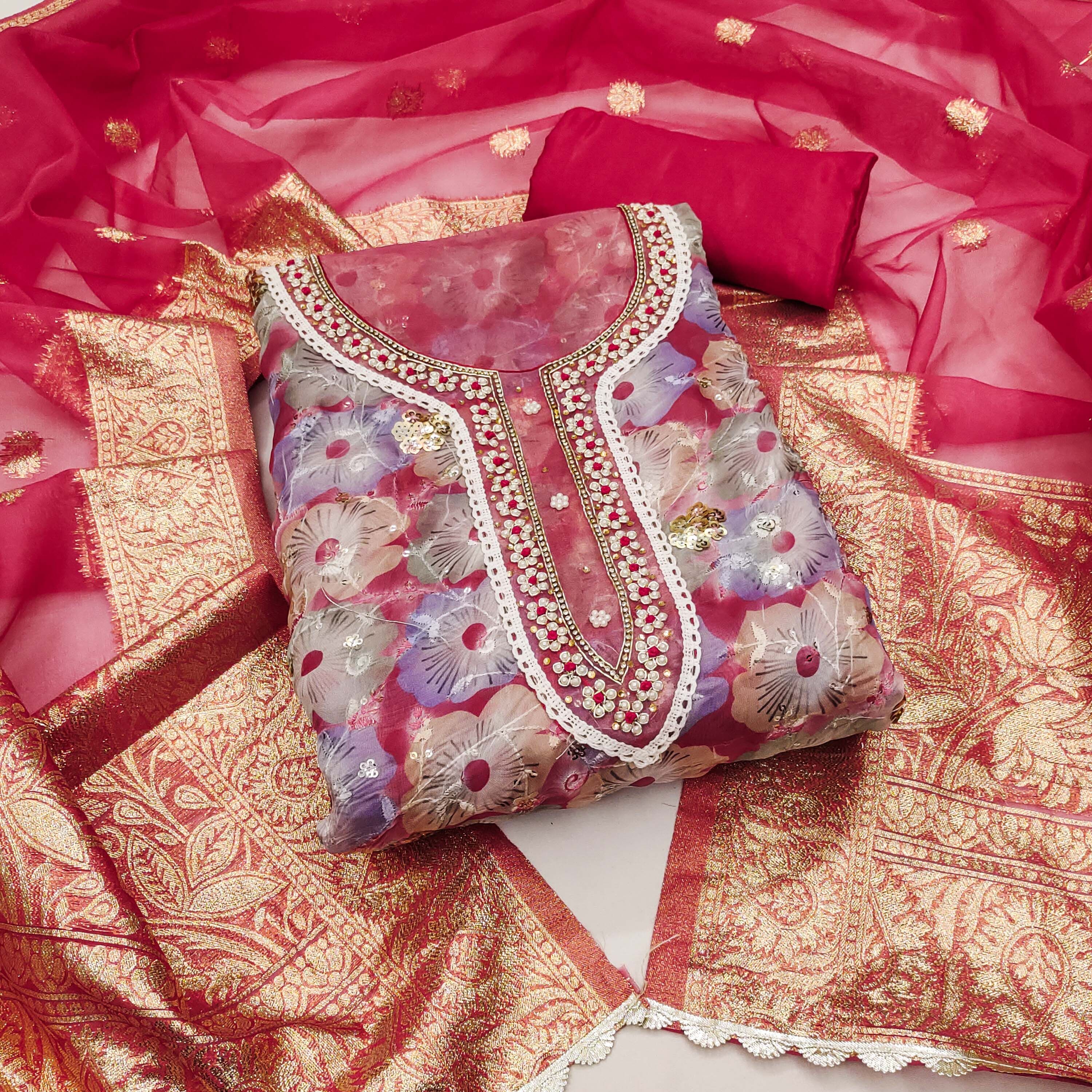 Blissta Floral Printed Beads And Stones Unstitched Dress Material-picture-31